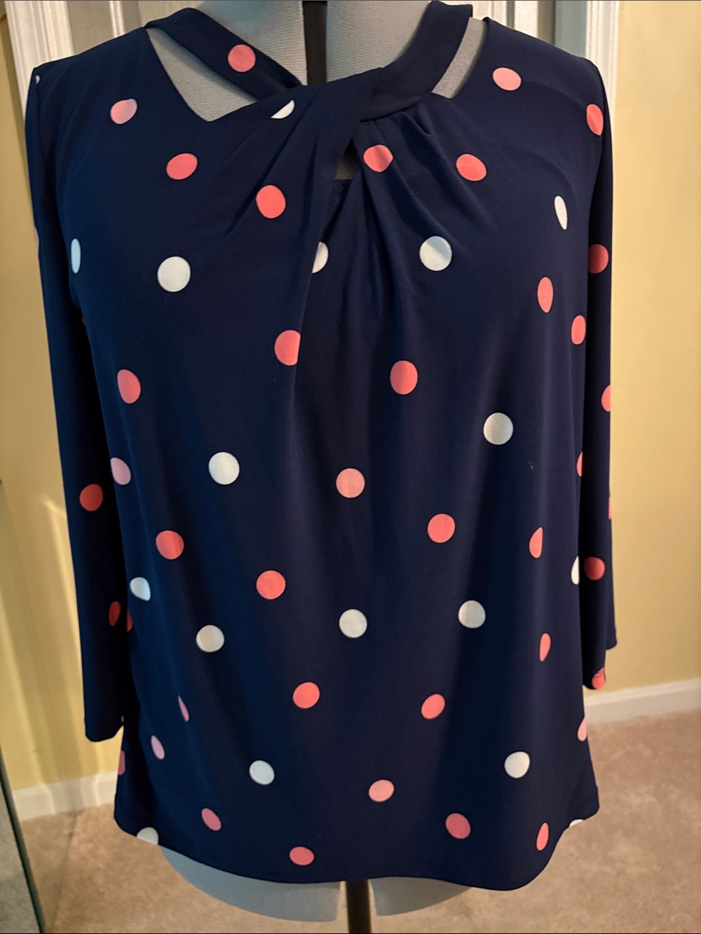 Women’s Navy Polka Dot 3/4 Sleeve Top with Twist Neck